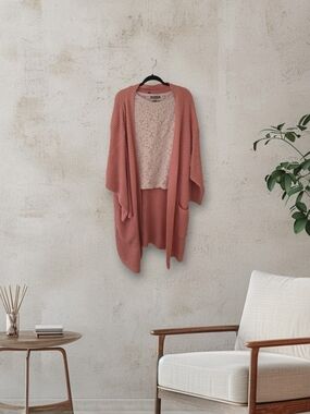 Open-Front Dusty Rose Knit Cardigan Sweater & Pink Lace Bundle
